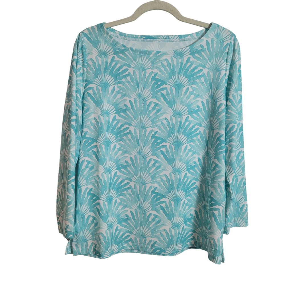 Vineyard Vines Performance Women Large Turquoise Palm Print 3/4 Sleeve Top Large